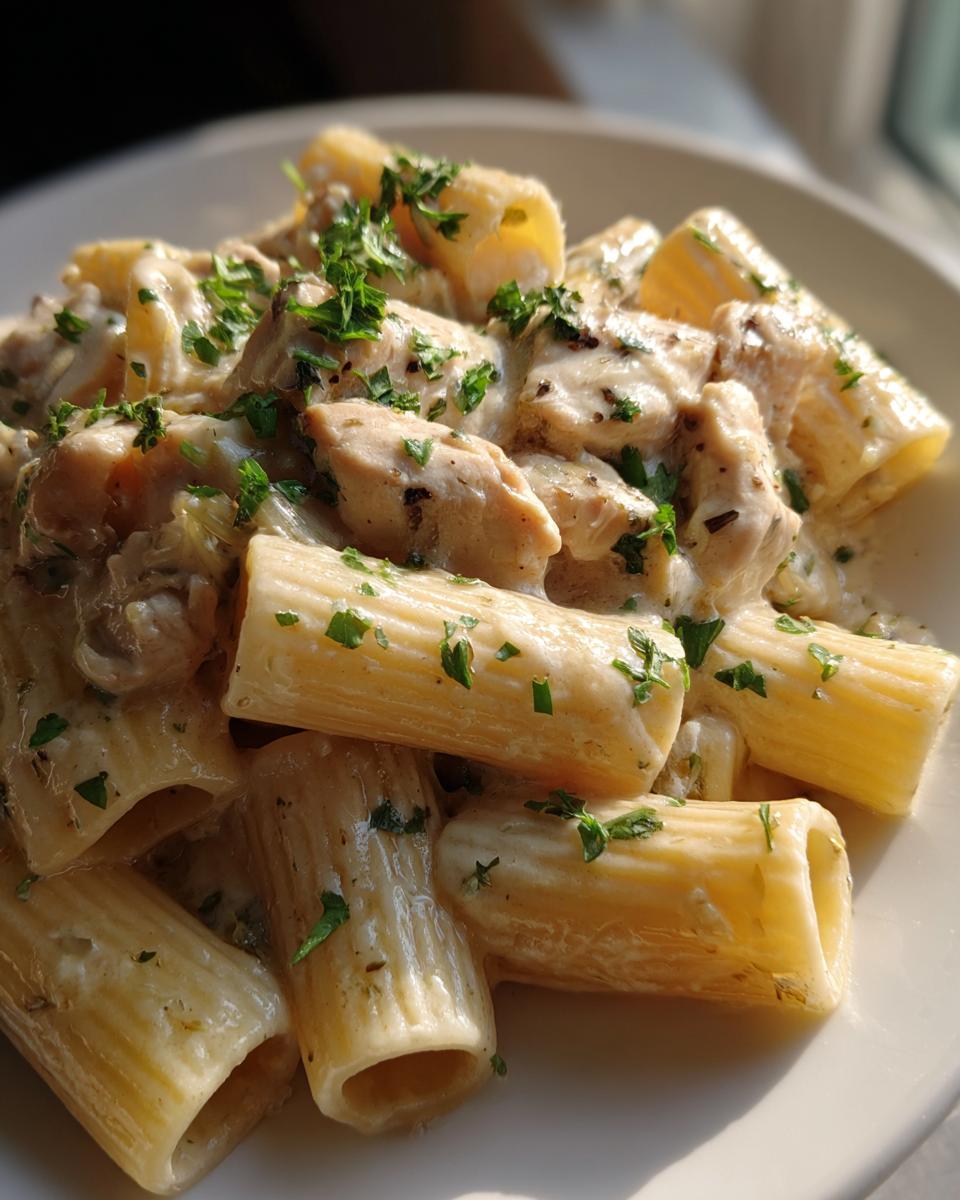 Close-up of creamy garlic butter chicken rigatoni pasta coated in a rich white sauce and topped with fresh parsley.