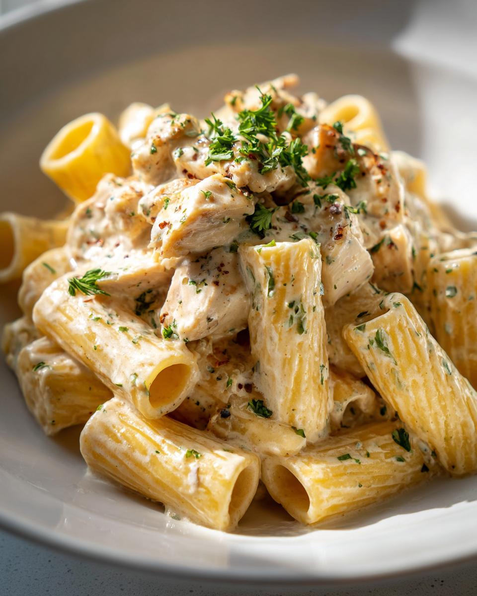 A close-up of creamy garlic butter chicken rigatoni pasta topped with fresh parsley and black pepper.