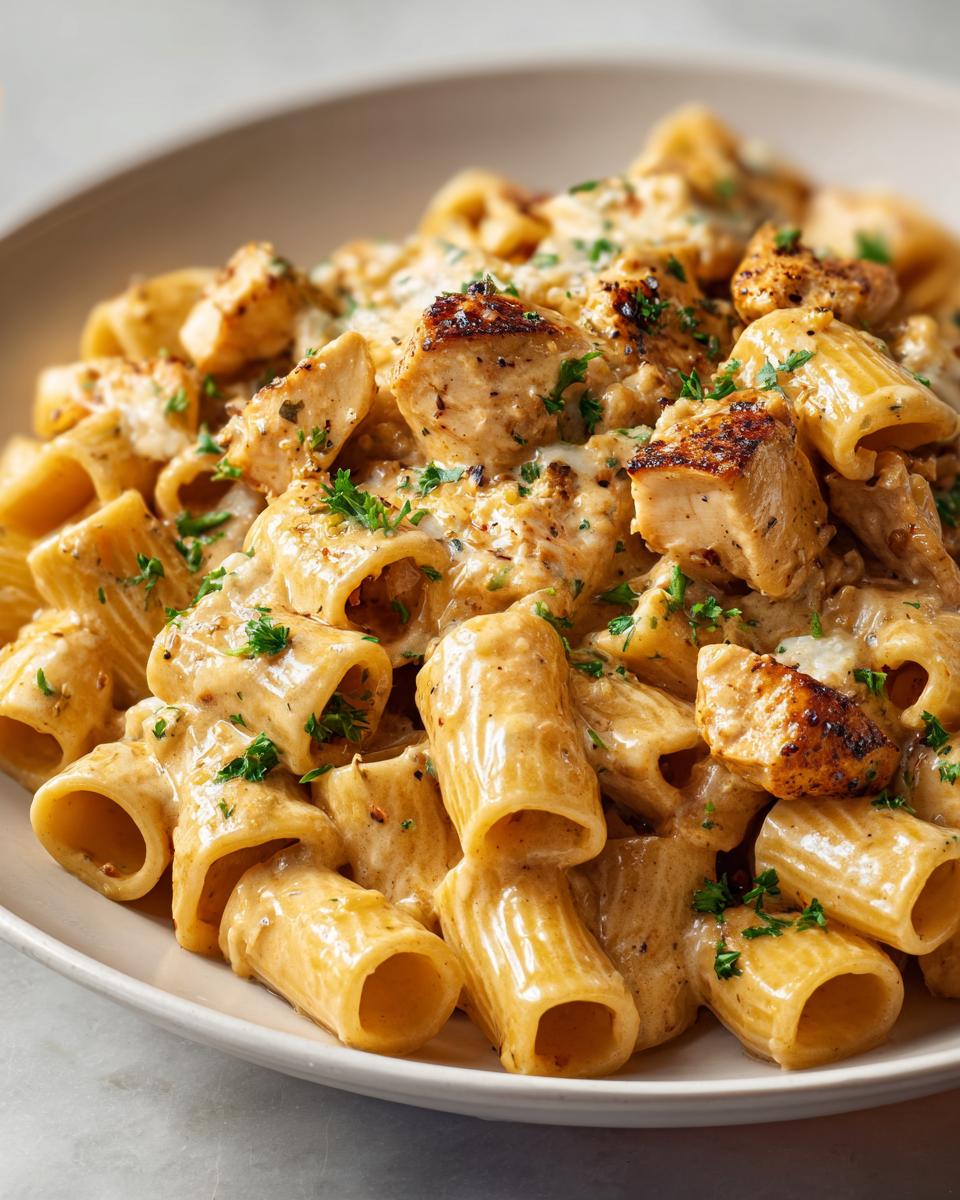 Close-up of rigatoni pasta coated in a rich sauce with chunks of seared chicken, making the creamy garlic butter chicken rigatoni.