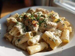 A close-up of creamy garlic butter chicken rigatoni pasta generously coated in sauce and topped with fresh parsley.