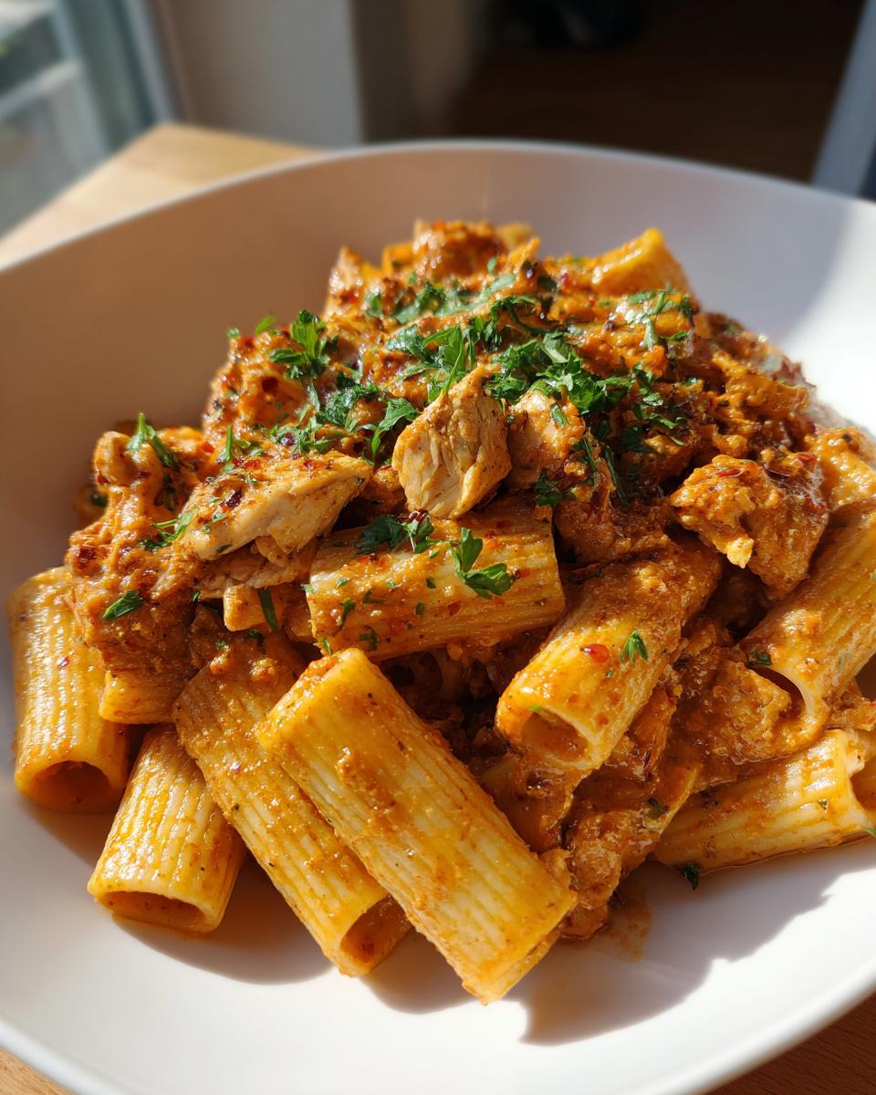 Close-up of creamy garlic butter chicken rigatoni pasta topped with fresh parsley in a white bowl.