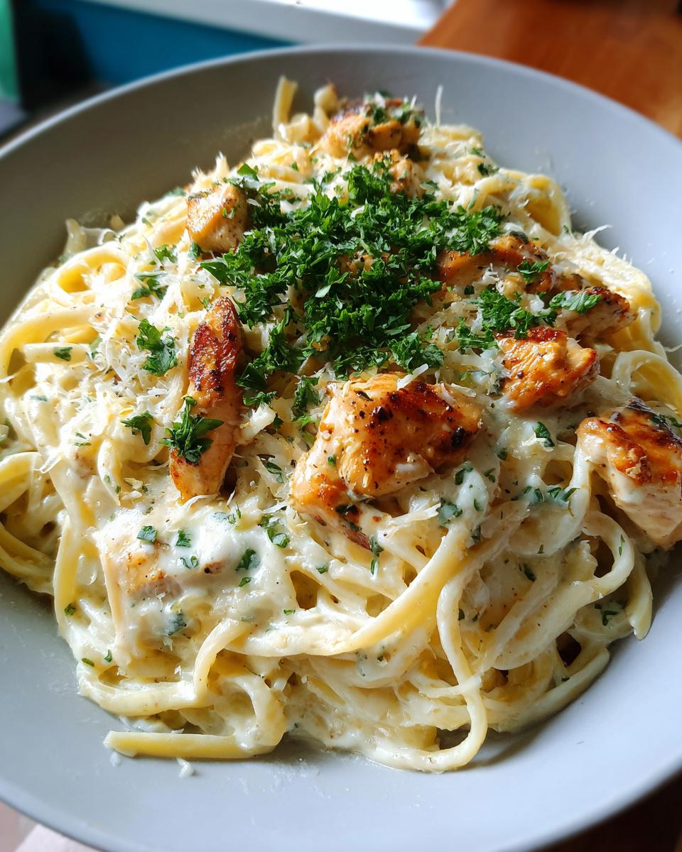 Close-up of a bowl filled with creamy garlic parmesan chicken pasta, topped with grilled chicken pieces and fresh parsley.