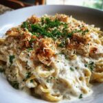 Close-up of creamy garlic parmesan chicken pasta topped with crispy breadcrumbs and fresh parsley.