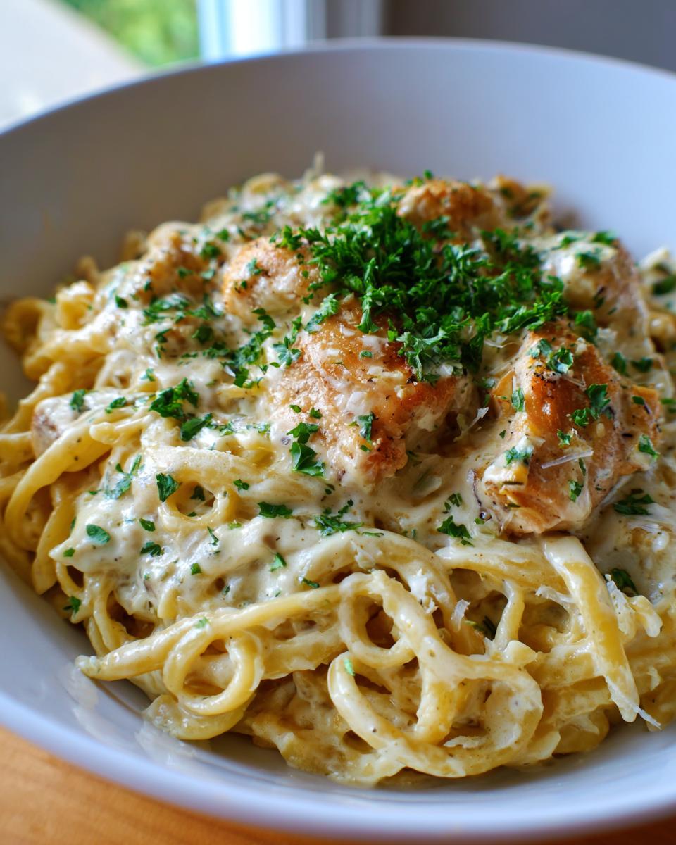 Close-up of creamy garlic parmesan chicken pasta tossed in a rich white sauce and topped with fresh parsley.