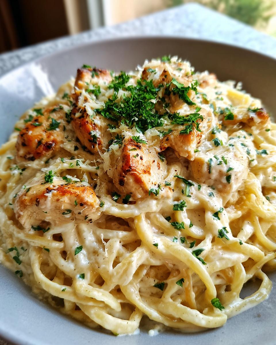 A close-up shot of creamy garlic parmesan chicken pasta tossed in a rich white sauce and topped with grilled chicken pieces and fresh parsley.