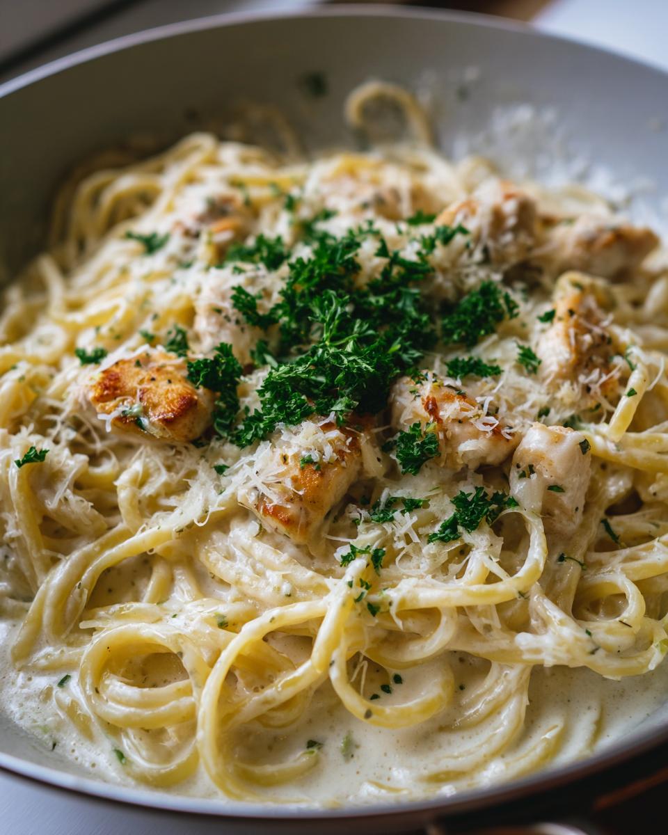 A close-up view of creamy garlic parmesan chicken pasta tossed in a rich white sauce and topped with fresh parsley.