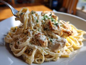A fork lifting fettuccine noodles coated in rich sauce from a plate of creamy garlic parmesan chicken pasta.