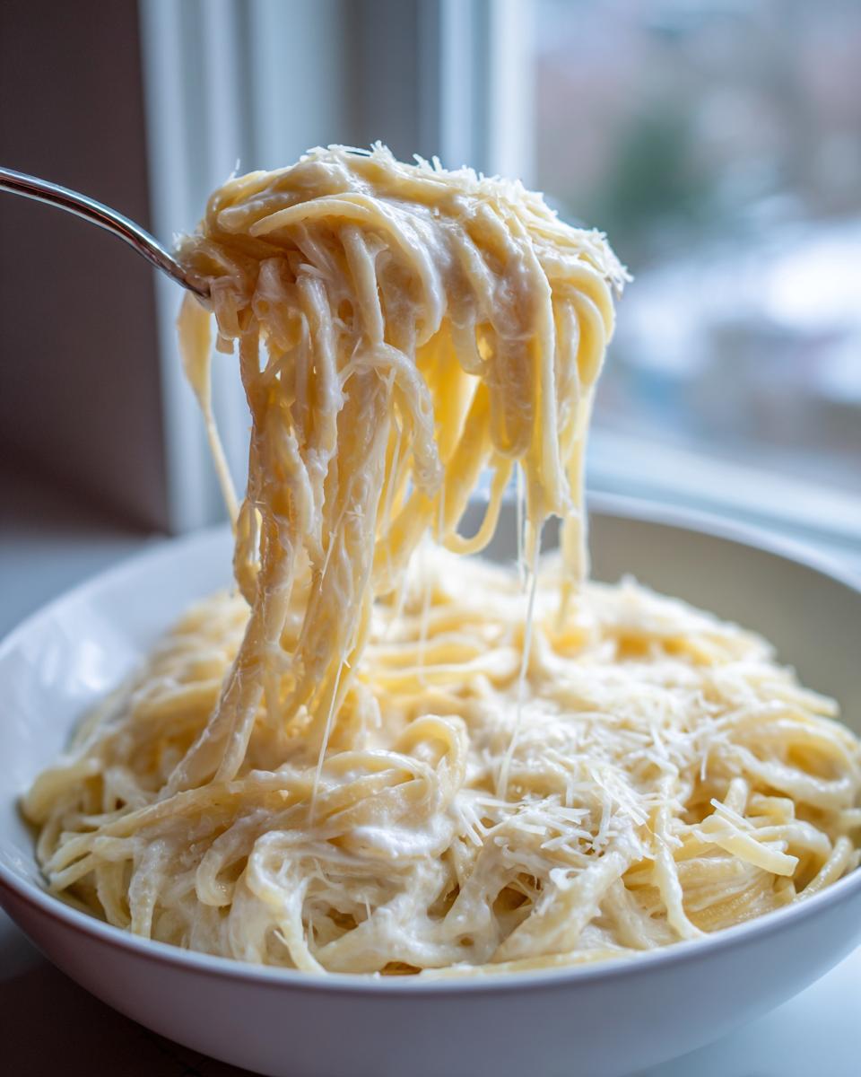 A fork lifting a large, cheesy portion of creamy parmesan pasta out of a white bowl.