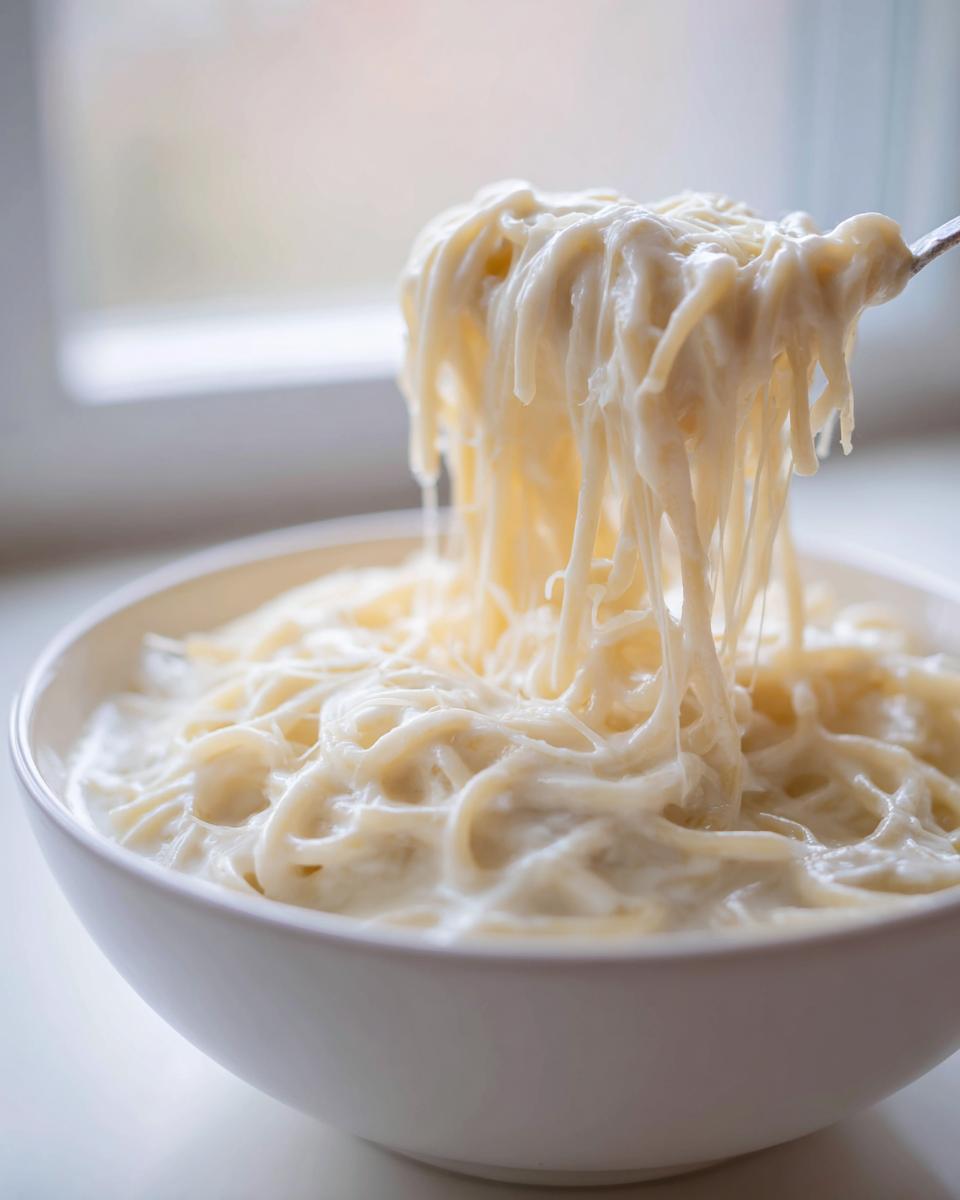 A fork lifts a generous portion of creamy, cheesy parmesan pasta out of a white bowl.