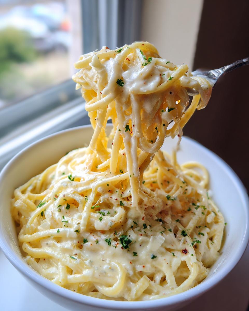 A fork lifting creamy spaghetti coated in rich sauce, showcasing the amazing parmesan pasta texture.