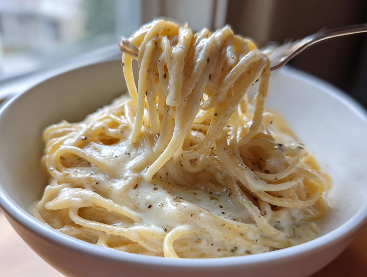 Close-up of spaghetti coated in creamy sauce being lifted from a bowl, highlighting the rich parmesan pasta texture.