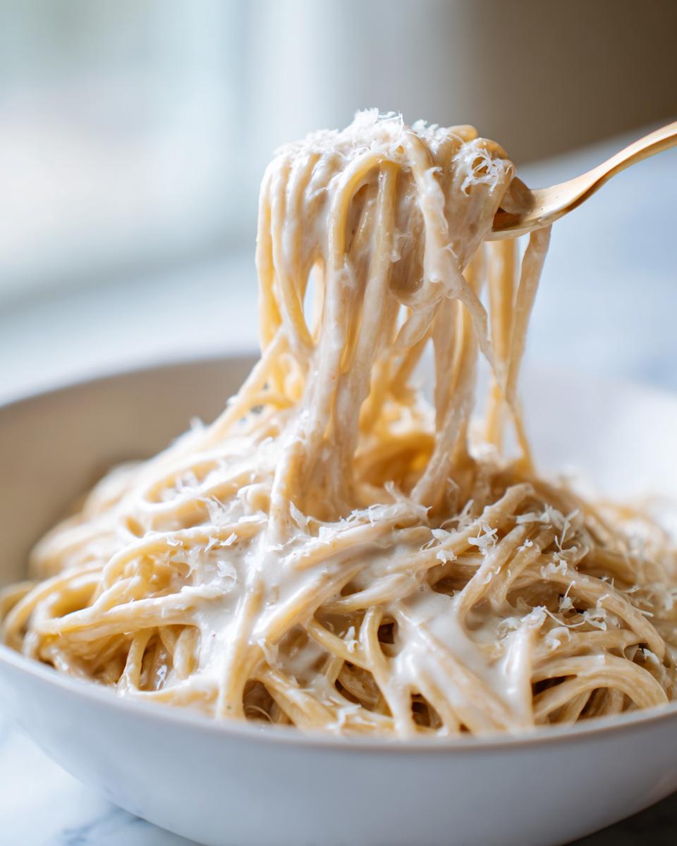 A golden fork lifts a twirl of creamy spaghetti noodles coated in sauce and topped with shredded parmesan pasta.