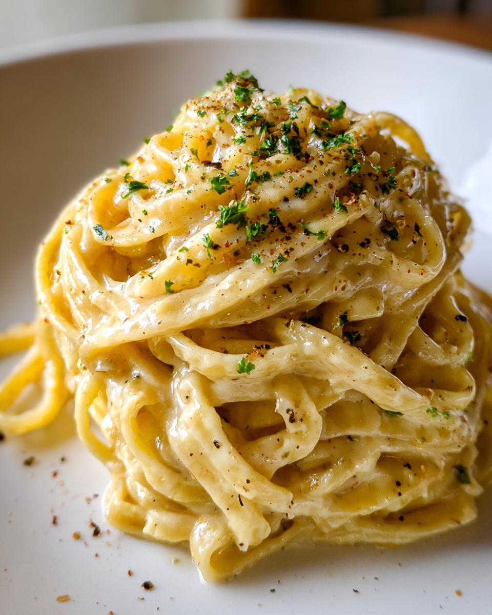 A close-up of pasta coated in rich brown butter alfredo sauce, topped with pepper and parsley.