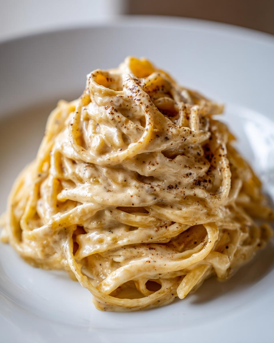 Close-up of fettuccine pasta coated in rich brown butter alfredo sauce and topped with fresh black pepper.