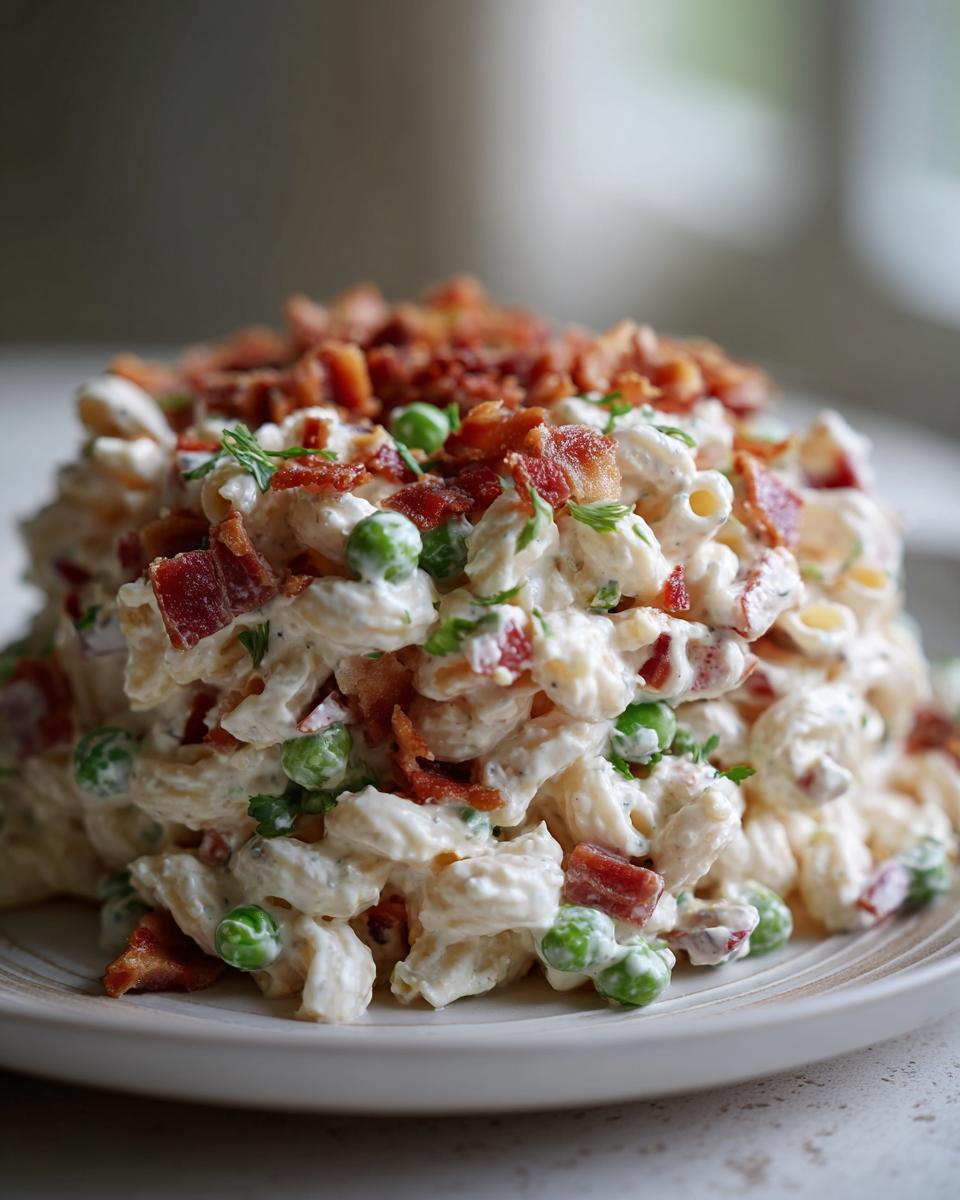 A mound of creamy ranch pasta salad mixed with green peas and topped generously with crispy bacon bits.
