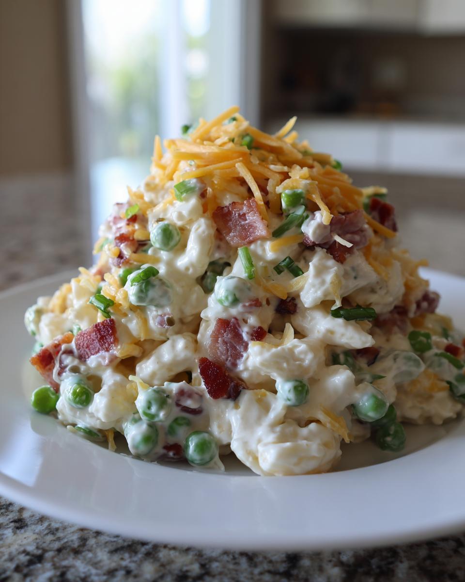 A mound of creamy ranch pasta salad mixed with green peas and bacon, topped with shredded cheddar cheese.