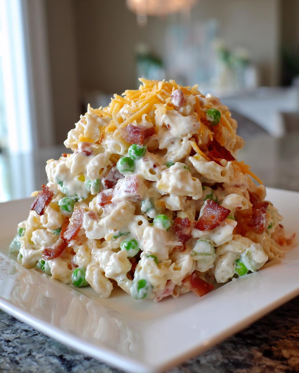 A tall mound of creamy ranch pasta salad mixed with green peas and bacon bits, topped with shredded cheddar cheese.