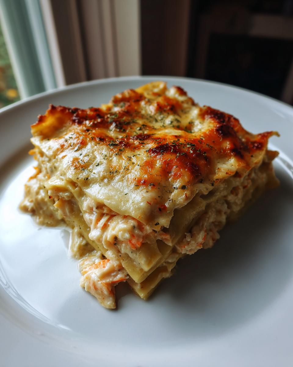 A perfectly baked slice of creamy seafood lasagna showing layers of pasta, white sauce, and visible seafood pieces.