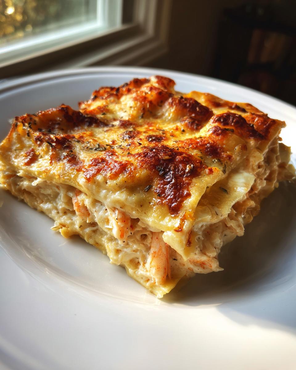 A close-up of a serving of creamy seafood lasagna showing layers of pasta, white sauce, and visible pieces of shrimp or crab.