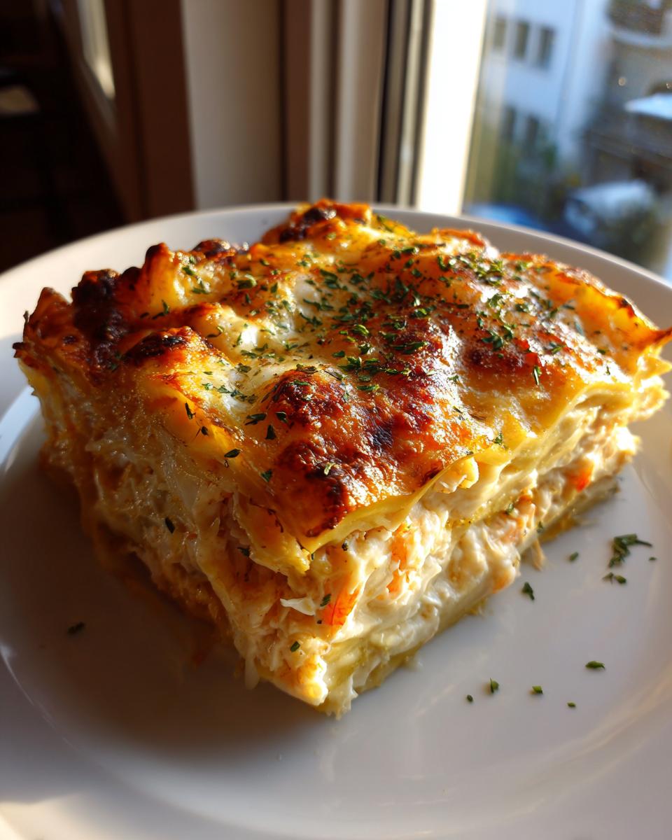 A thick, layered slice of creamy seafood lasagna with a golden-brown, bubbly cheese top sprinkled with parsley.
