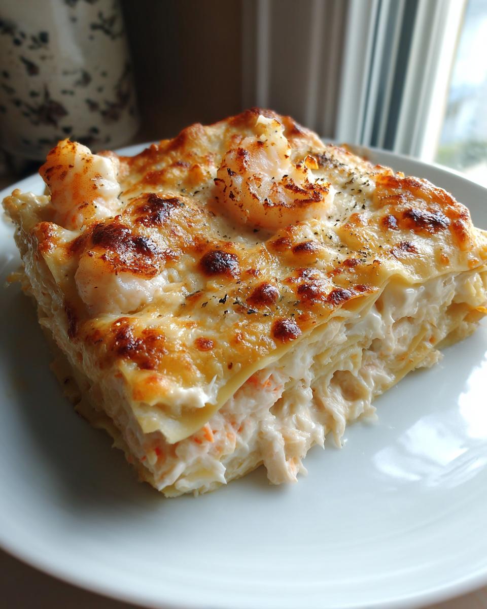 A close-up slice of creamy seafood lasagna with layers of pasta, white sauce, and topped with a browned, cheesy crust and a visible shrimp.