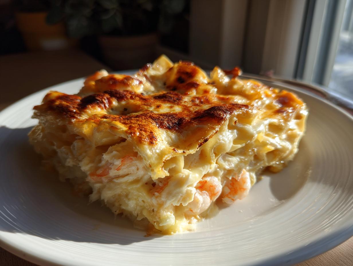 A generous slice of creamy seafood lasagna showing layers of pasta, white sauce, and pink shrimp, with a beautifully browned, cheesy top.