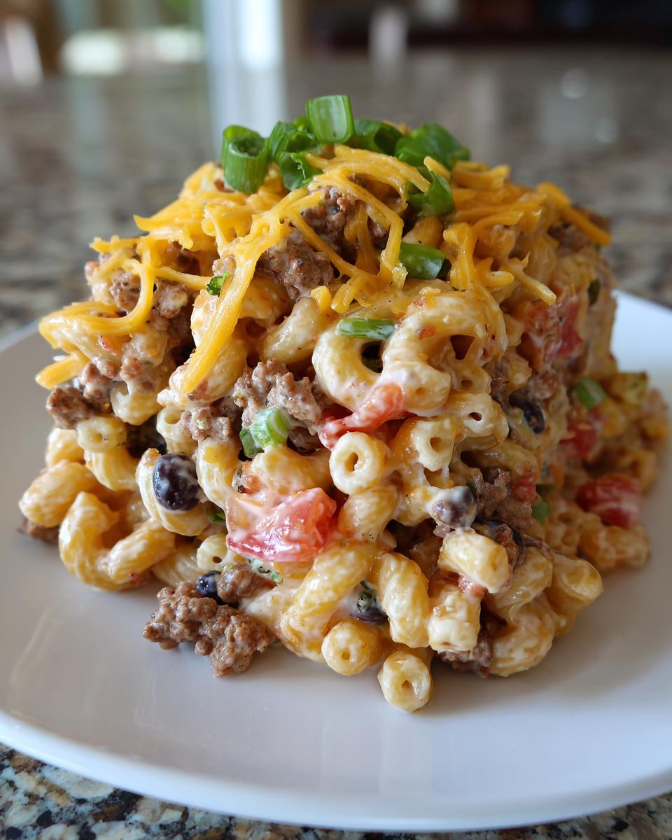 A generous serving of creamy taco pasta salad featuring elbow macaroni, ground beef, tomatoes, and black beans, topped with shredded cheddar and green onions.