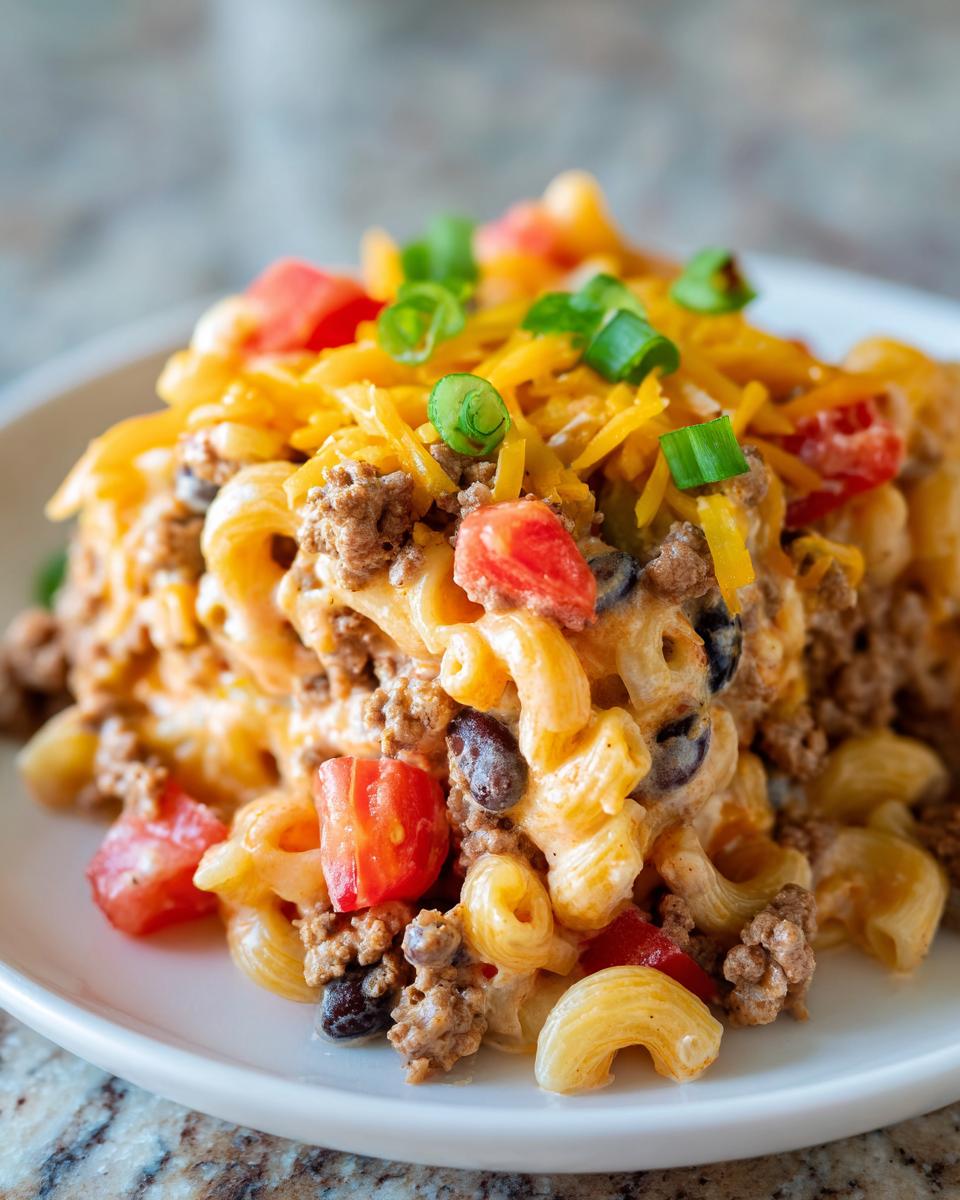 Close-up of a serving of taco pasta salad featuring elbow macaroni, seasoned ground beef, black beans, tomatoes, and shredded cheese.