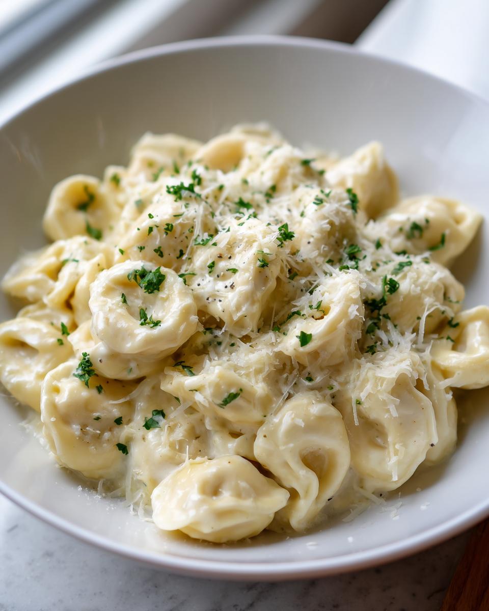 Close-up of a white bowl filled with creamy Tortellini Alfredo Recipe, topped with grated Parmesan and fresh parsley.