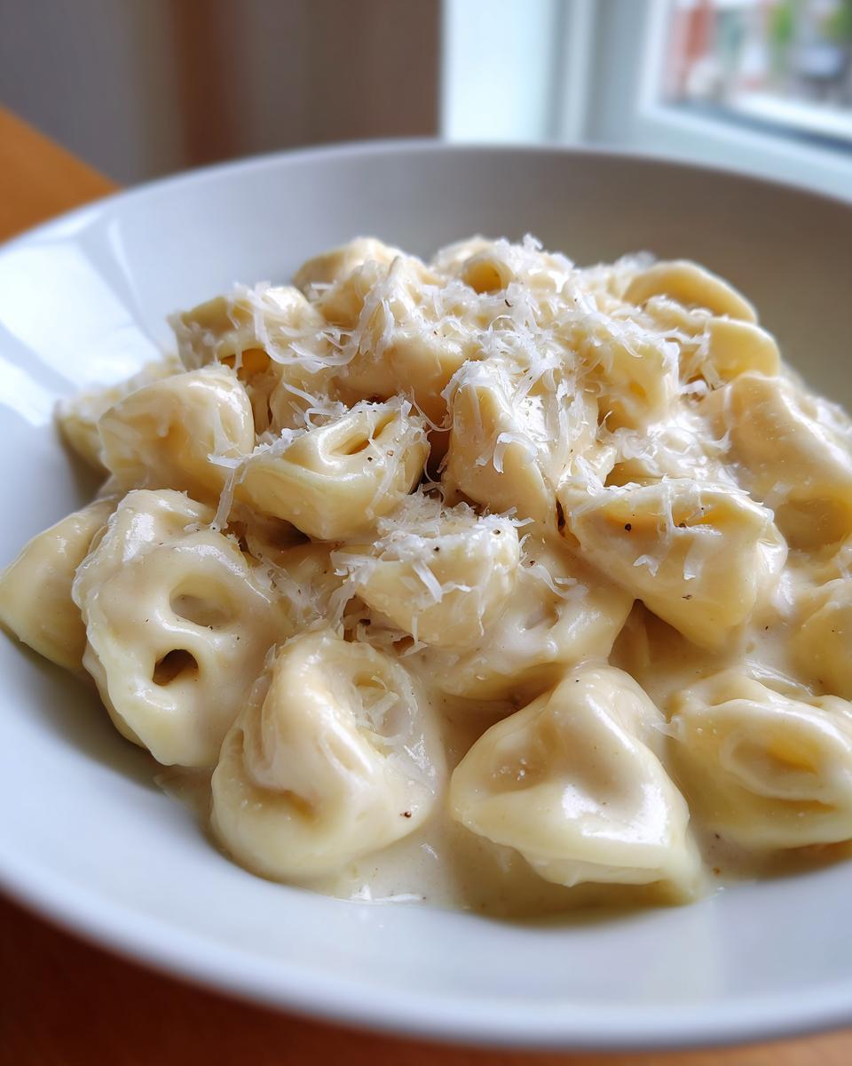 Close-up of creamy Tortellini Alfredo Recipe covered in grated Parmesan cheese in a white bowl.