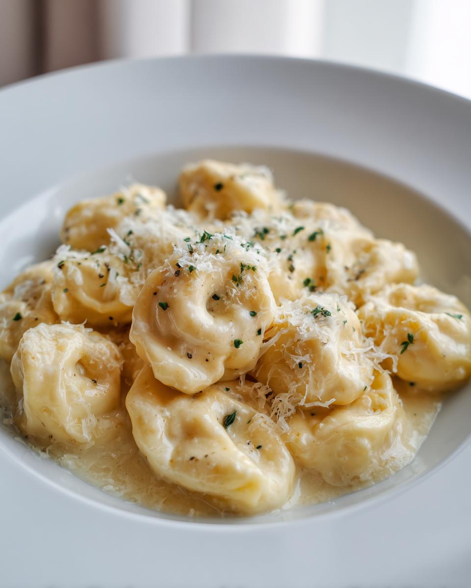 Close-up of cheesy Tortellini Alfredo Recipe served in a white bowl, topped with grated Parmesan and parsley.