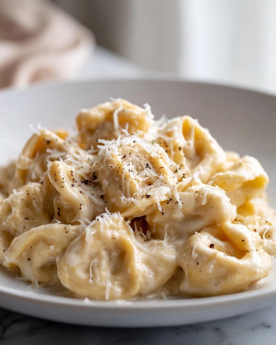 Close-up of creamy Tortellini Alfredo Recipe pasta topped with grated Parmesan cheese and black pepper.