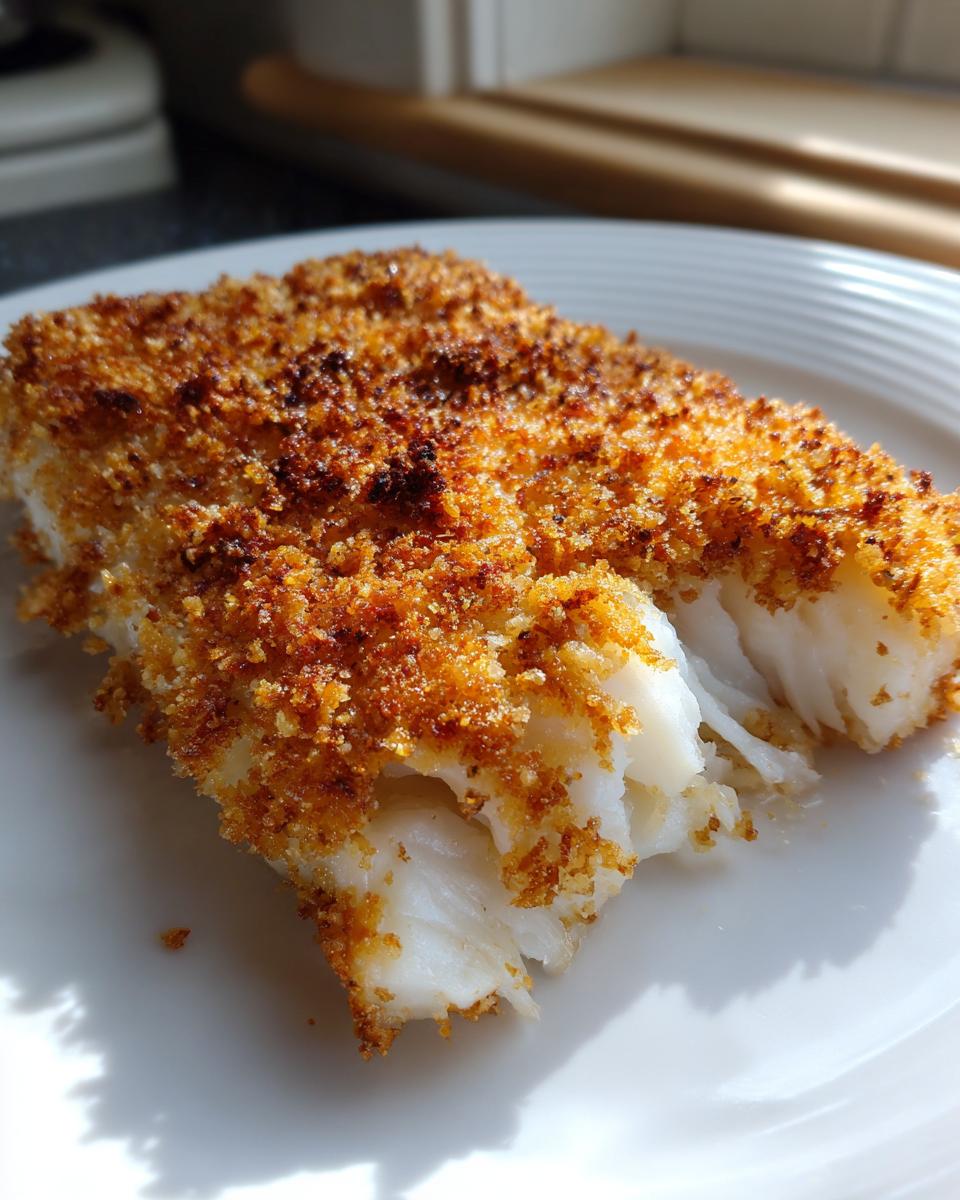 Close-up of a flaky white fish fillet showing the interior texture of the Crispy Baked Cod recipe.