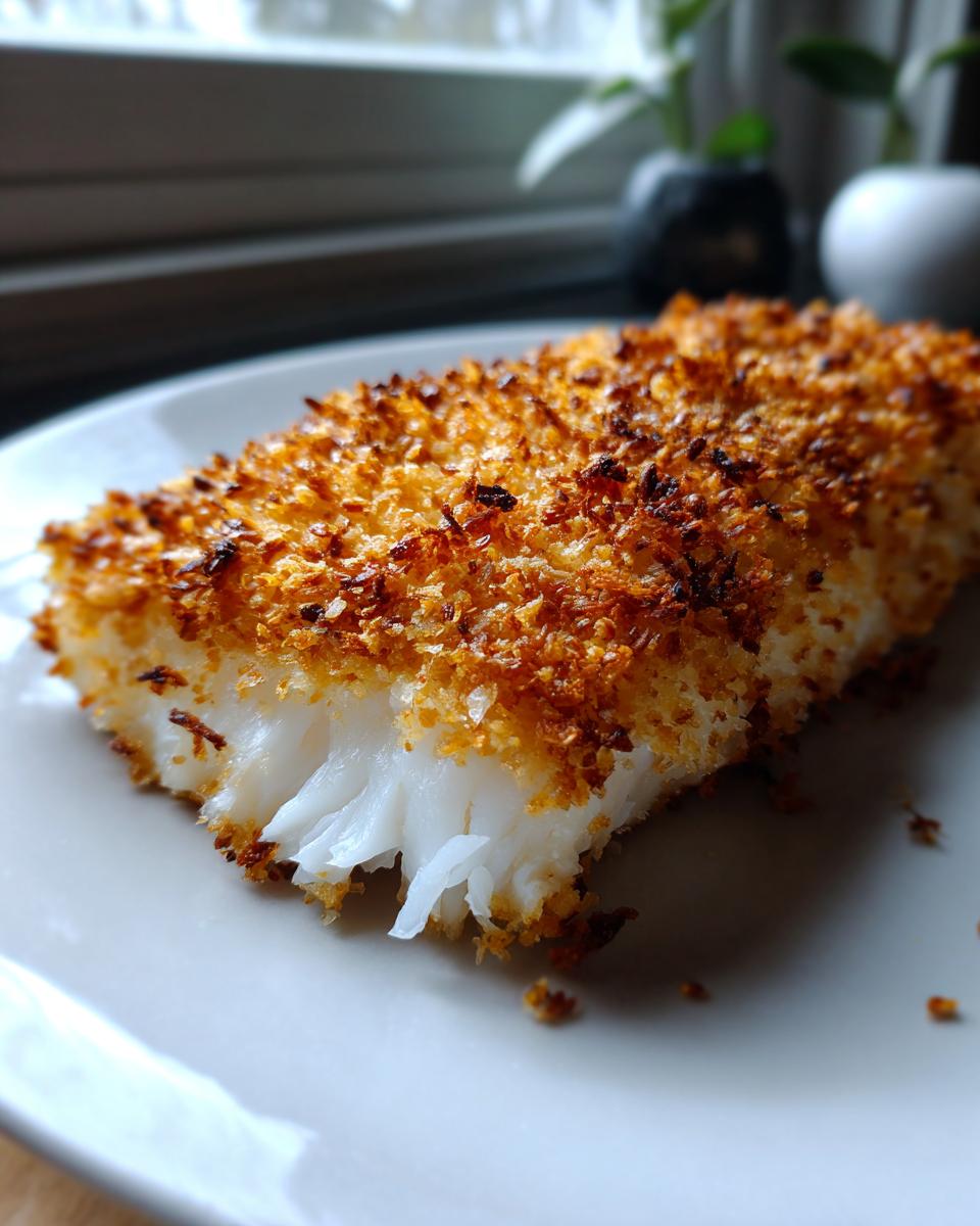 Close-up of a Crispy Baked Cod recipe fillet showing the flaky white interior and golden brown, crunchy topping.