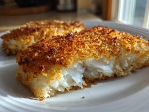 Close-up of a flaky white fish fillet showing the interior texture of Crispy Baked Cod recipe.