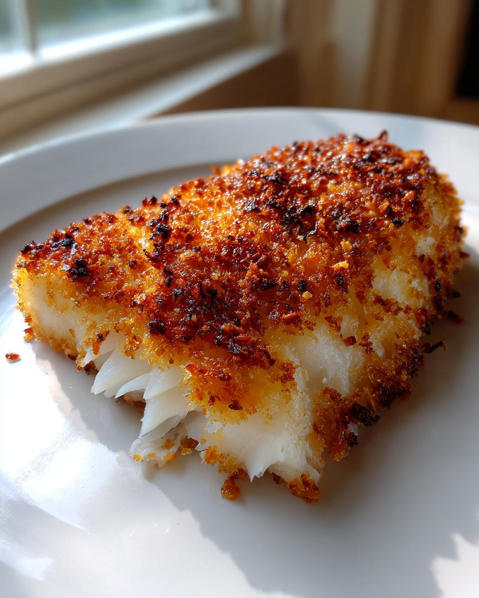 A close-up of a flaky white fish fillet showing a golden, crispy baked cod recipe crust.