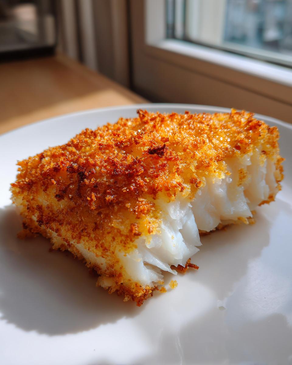 A close-up of a flaky white fish fillet with a golden, crispy baked coating from the Crispy Baked Cod recipe.
