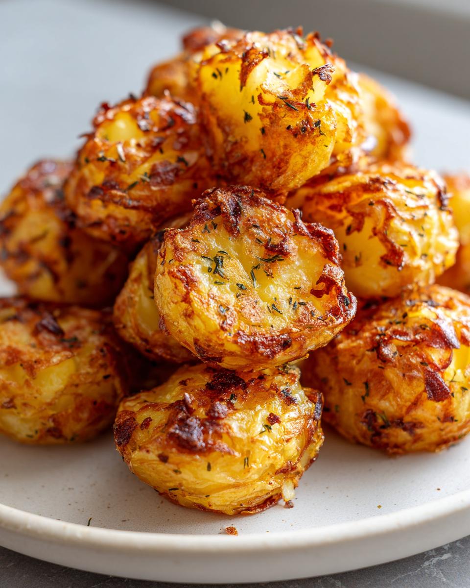 Close-up of a pile of golden brown, crispy oven roasted potatoes seasoned with herbs.