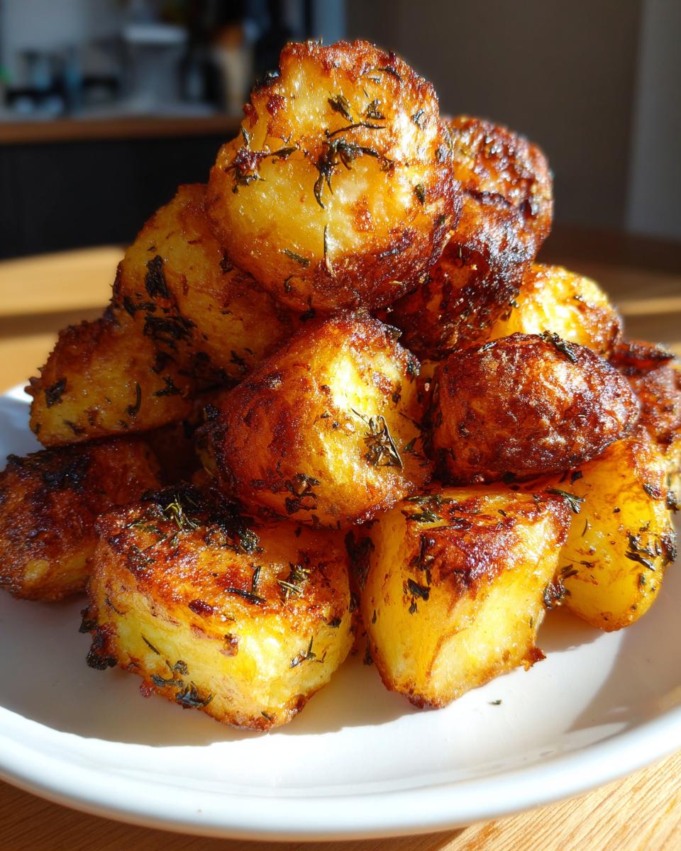 A close-up pile of golden brown, crispy oven roasted potatoes seasoned with dark green herbs.