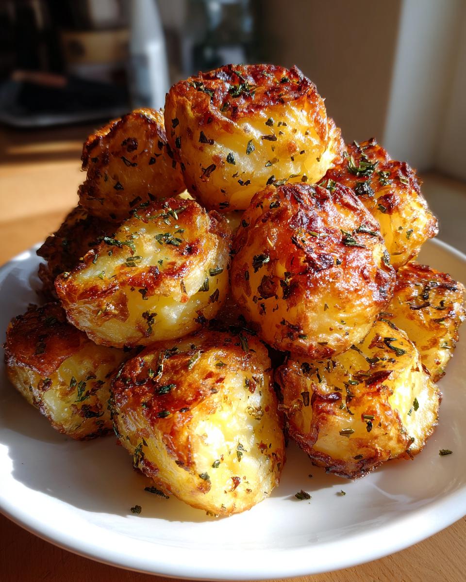 A stack of golden brown, crispy oven roasted potatoes seasoned with herbs on a white plate.