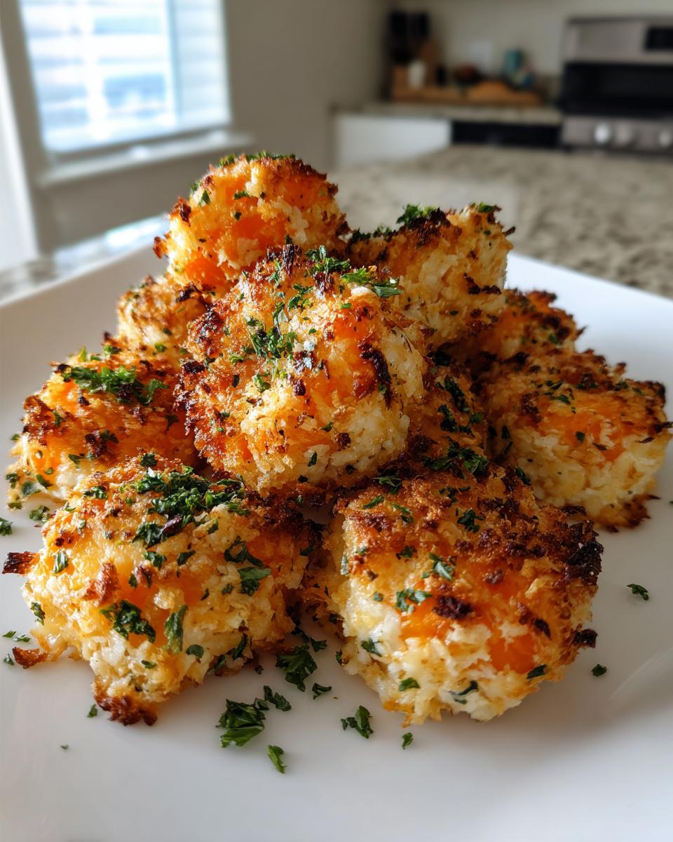 A pile of crispy, bite-sized Roasted Parmesan Garlic Carrots topped with fresh parsley on a white plate.