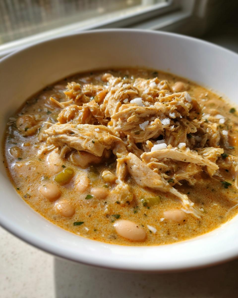 A close-up of a creamy bowl of crockpot white chicken chili topped with shredded chicken and cotija cheese.