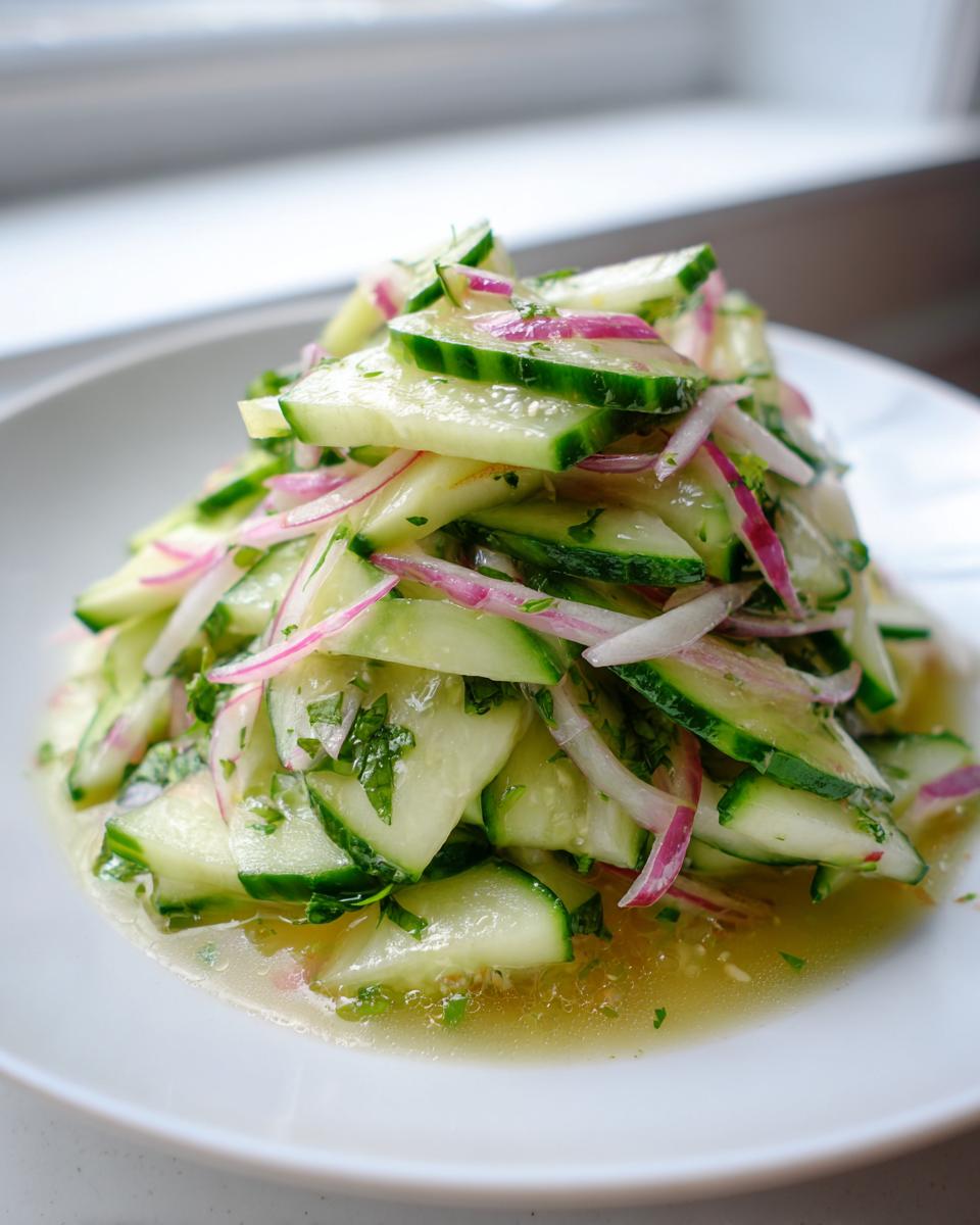 Close-up of a vibrant cucumber apple salad featuring thinly sliced cucumbers, red onion, and herbs in a light dressing.