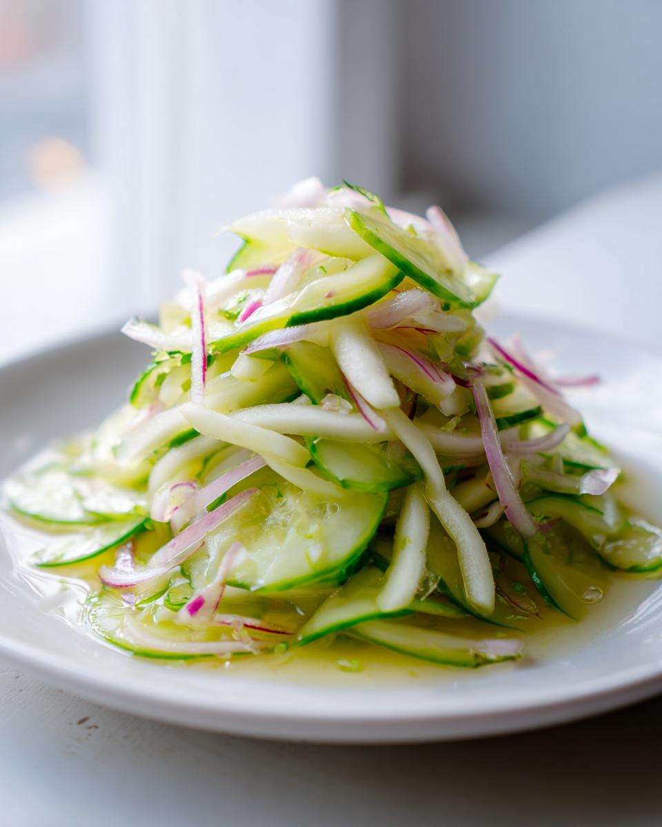 A mound of thinly sliced cucumber apple salad tossed with red onion slivers in a light dressing.