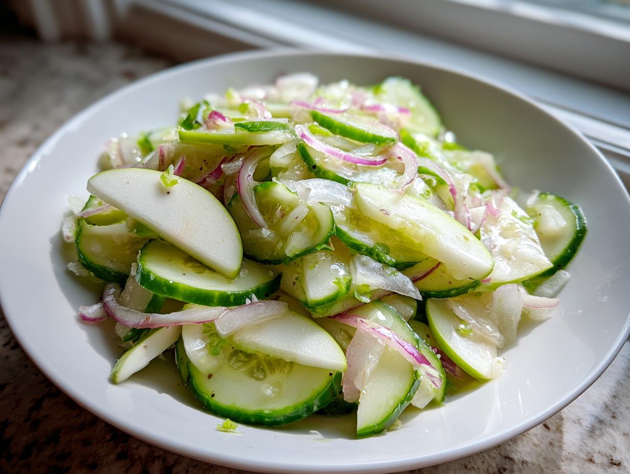 A white bowl filled with sliced cucumbers, apple wedges, and thinly sliced red onions making up the cucumber apple salad.