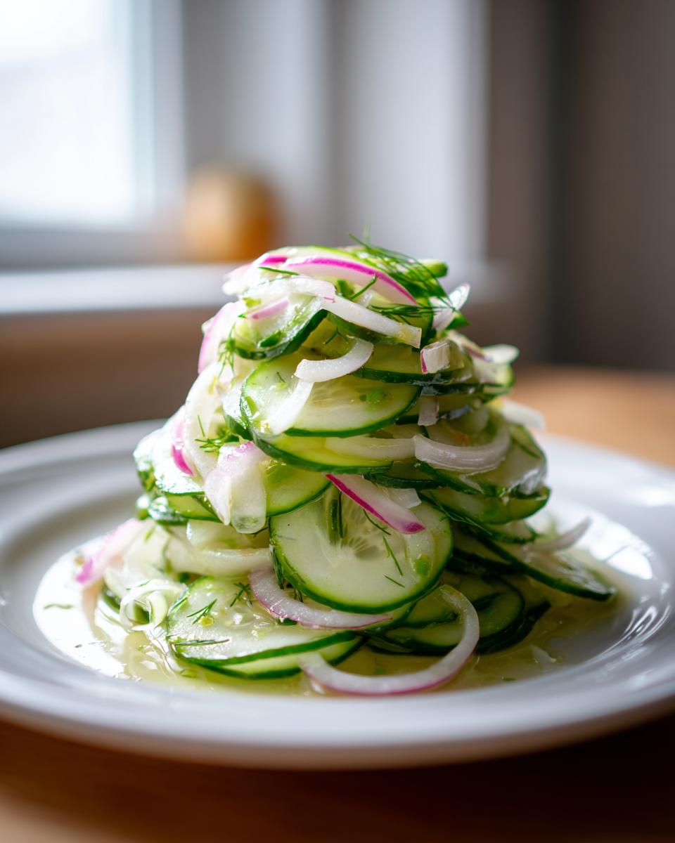 A tall stack of thinly sliced cucumber apple salad mixed with red onion and fresh dill, sitting in a light dressing.