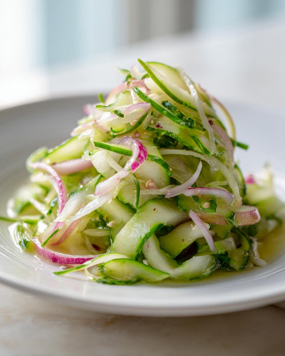 A close-up of a vibrant cucumber apple salad featuring thinly sliced cucumbers and bright red onion rings, lightly dressed.
