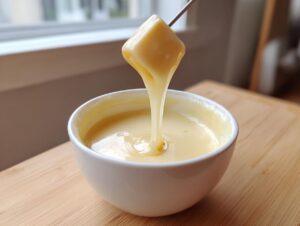 A piece of bread is dipped into a white bowl filled with smooth, melted cheese fondue recipe mixture.