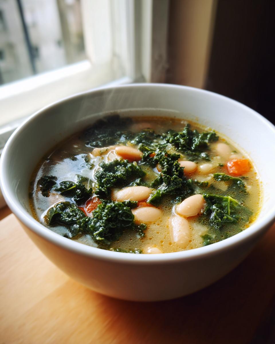A close-up of a steaming white bowl filled with Easy Tuscan White Bean Soup, featuring cannellini beans, dark green kale, and broth.