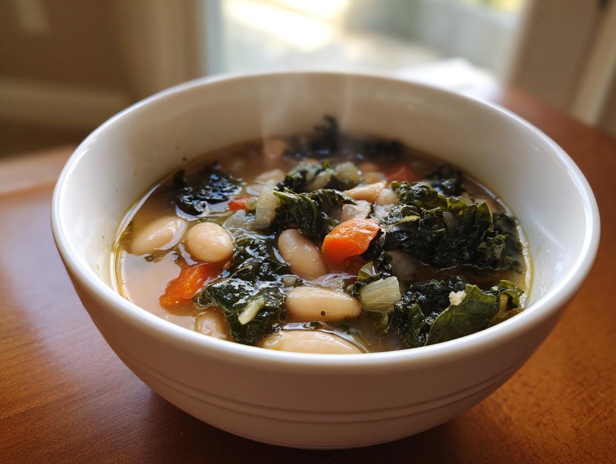 Close-up of a steaming white bowl filled with Easy Tuscan White Bean Soup, featuring white beans, dark green kale, and diced carrots.
